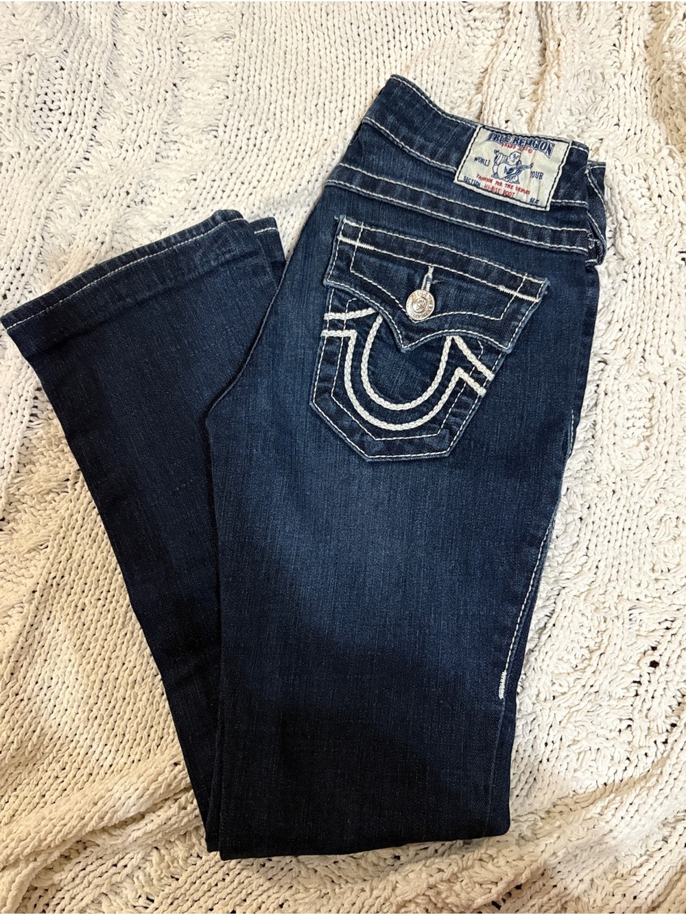 True Religion Women's Dark Blue Boot Cut Jeans with Signature Stitching
